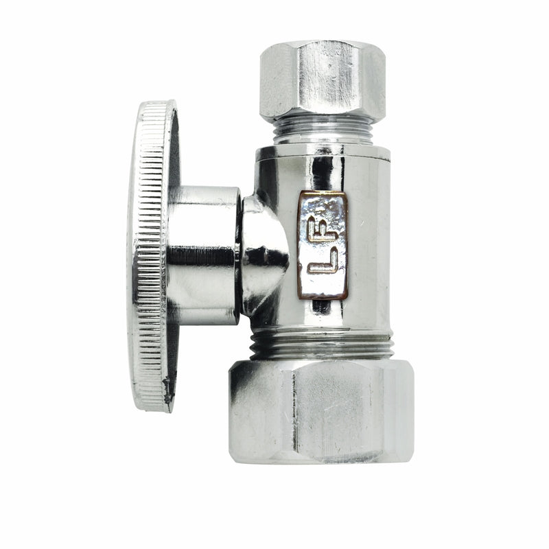 Emery Jensen brass shut-off valve with 5/8 inch and 3/8 inch straight fittings, used for plumbing and water control.