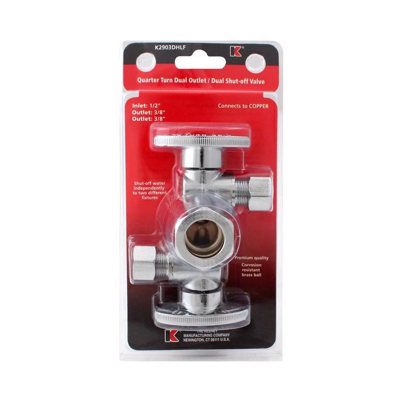 Emery Jensen brass shut-off valve dual 3/8-inch for plumbing, featuring a metal handle and durable construction.