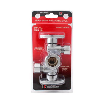 Emery Jensen brass shut-off valve dual 3/8-inch for plumbing, featuring a metal handle and durable construction.