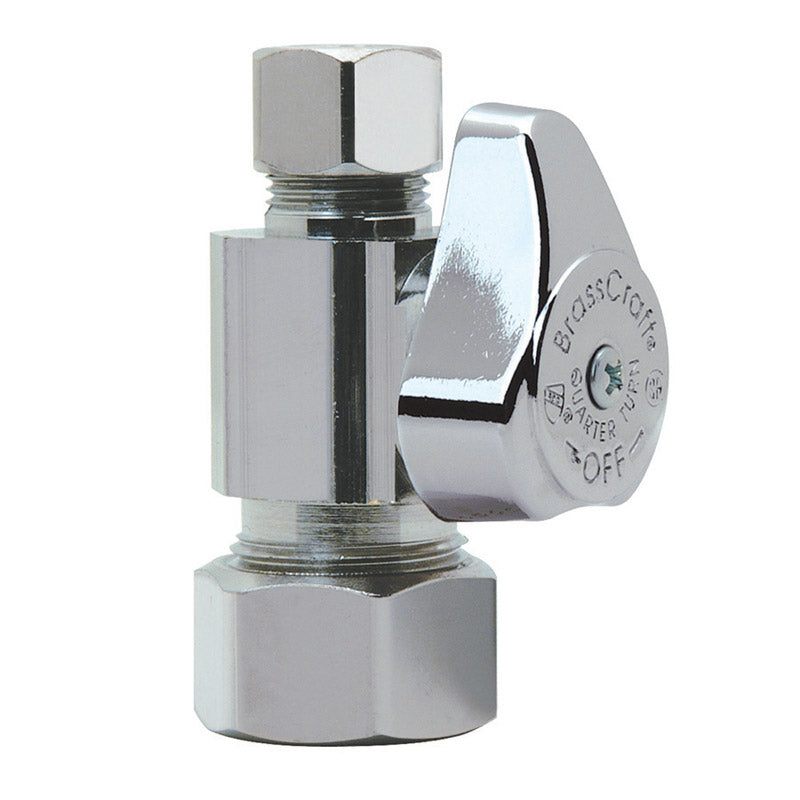 Emery Jensen brass shut-off valve with 1/2 inch and 3/8 inch fittings, designed for plumbing control and shut-off applications.