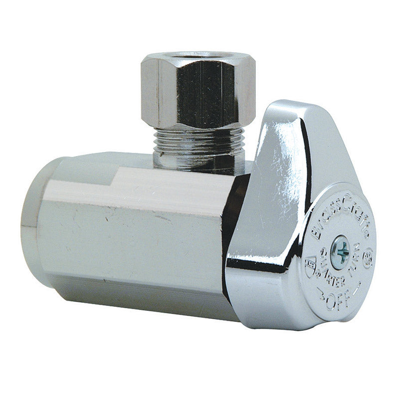 Emery Jensen brass shut-off valve, model STOP ANG1/23/8 CHR LF, with a threaded connection and brass body for plumbing control.