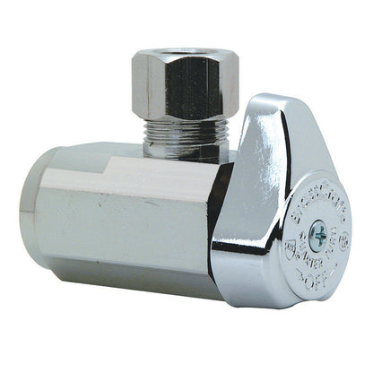 Emery Jensen brass shut-off valve with 3/8 inch angle stop, chrome finish, for plumbing control and water flow regulation.