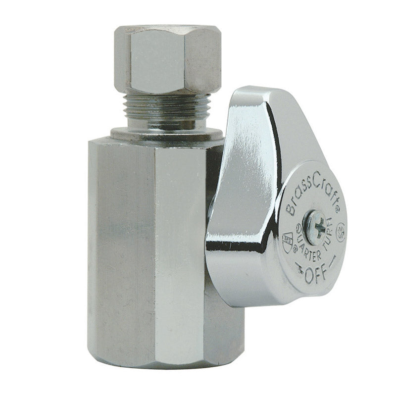 Emery Jensen brass shut-off valve with 1/2 inch FPT connection, chrome finish, for plumbing and water control.