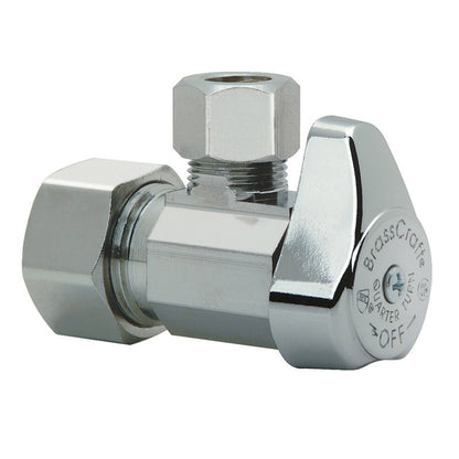 Emery Jensen brass shut-off valve with 1/2 inch to 3/8 inch compression fittings, used for controlling water flow.