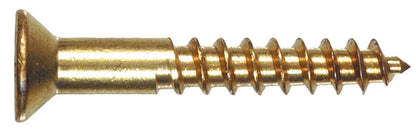 Emery Jensen brass wood screw, PHIL FH WS BR 10X1, showing a close-up of the brass screw with threading and flat head.