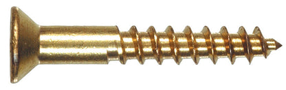 Emery Jensen brass wood screw, 6x1.5 inch, showing the shiny brass finish and threaded body for woodworking projects.