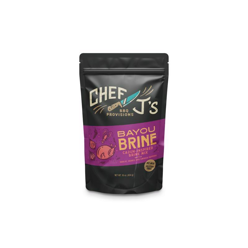 Emery Jensen Bayou Brine Mix 16oz for meats, with a spicy chili flavor, in a clear jar showing the product inside.