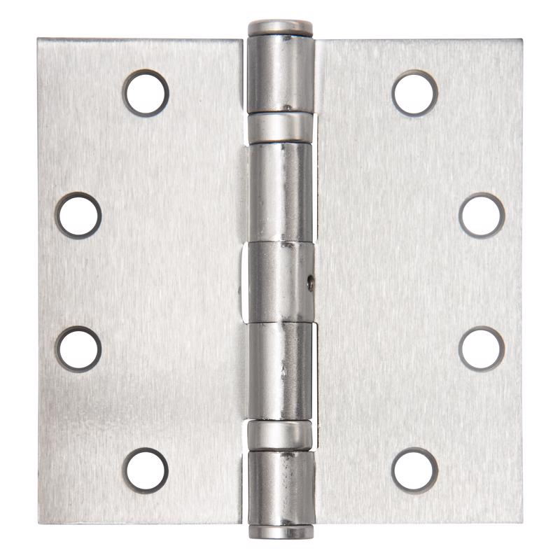 Steel door hinge by Emery Jensen with a satin chrome finish, designed for durable, broad door applications.