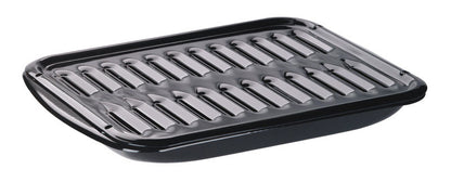 Emery Jensen broiler pan and grill set for roasting and broiling, with a durable metal surface for even cooking.