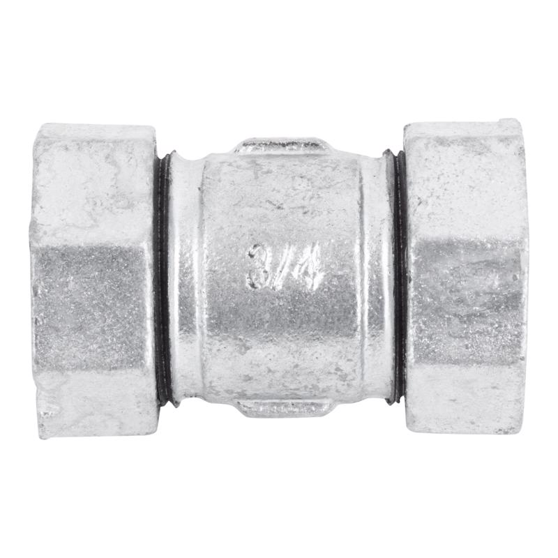 Emery Jensen bronze malleable couple coupling, 3/4 inch by 3 inches, used for plumbing connections in metal piping systems.