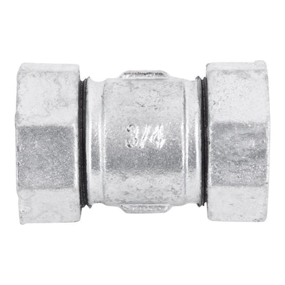 Emery Jensen bronze malleable couple coupling, 3/4 inch by 3 inches, used for plumbing connections in metal piping systems.