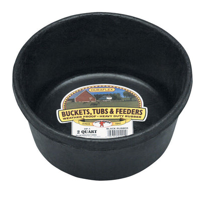 Emery Jensen rubber feed bucket, 2-quart size, durable plastic pail for livestock or farm feed storage.