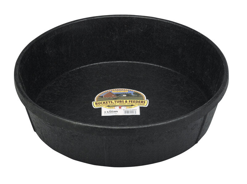 Rubber 3-gallon feed bucket from Emery Jensen, durable plastic pail for livestock feed storage.
