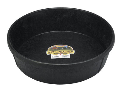 Rubber 3-gallon feed bucket from Emery Jensen, durable plastic pail for livestock feed storage.