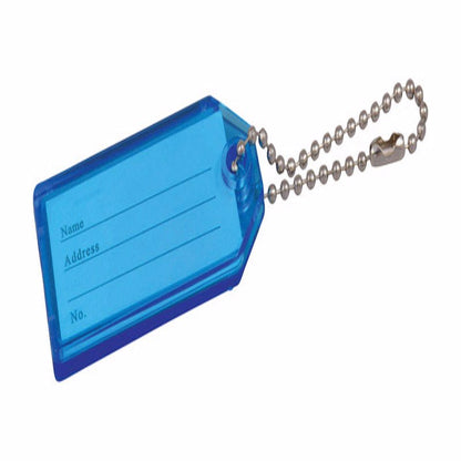 Plastic key ID tag with chain from Emery Jensen's Bucket Program, designed for easy identification and secure attachment.
