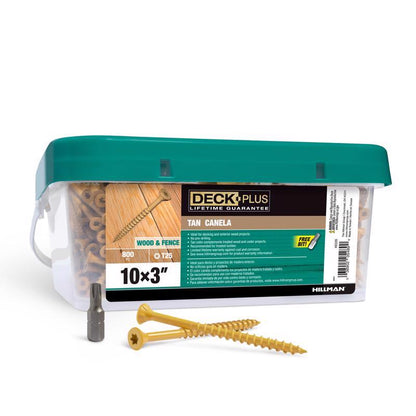 Emery Jensen bulk 25lb box of tan D screws, 10x3 inch size, arranged in a container with multiple screws visible.