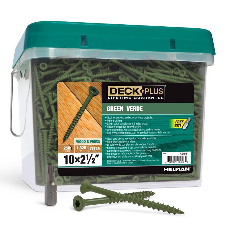 Emery Jensen DCK screw 10x2.5 inches in green, bulk 25 lb box, with numerous screws shown in the image.