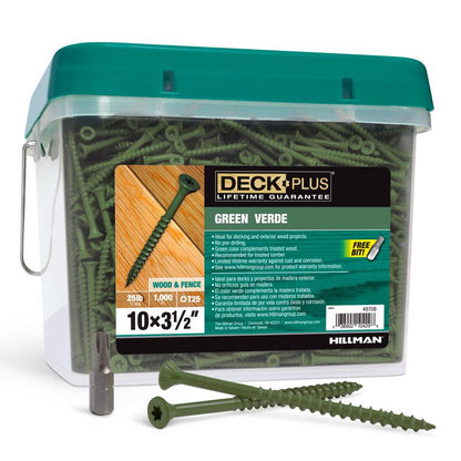 Emery Jensen DCK screw 10x3.5 inches in green, bulk 25-pound package, showing a close-up of the metal screws in a box.