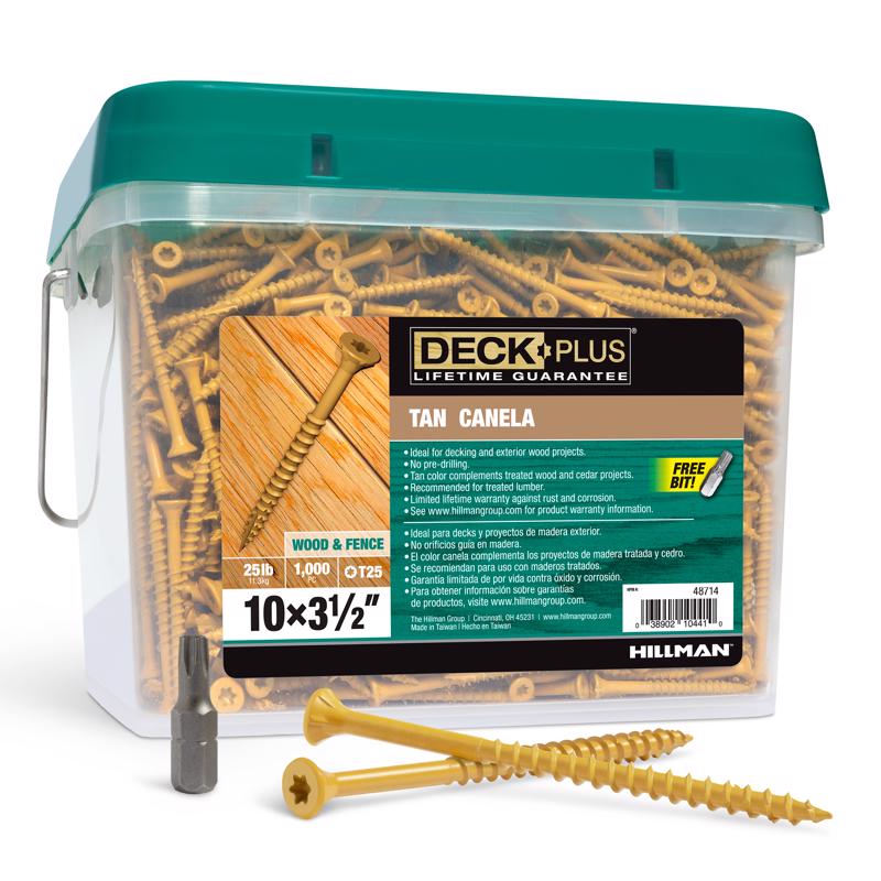 Emery Jensen DCK screw 10x3.5 inch tan bulk pack, 25-pound box with metal screws for construction and woodworking.