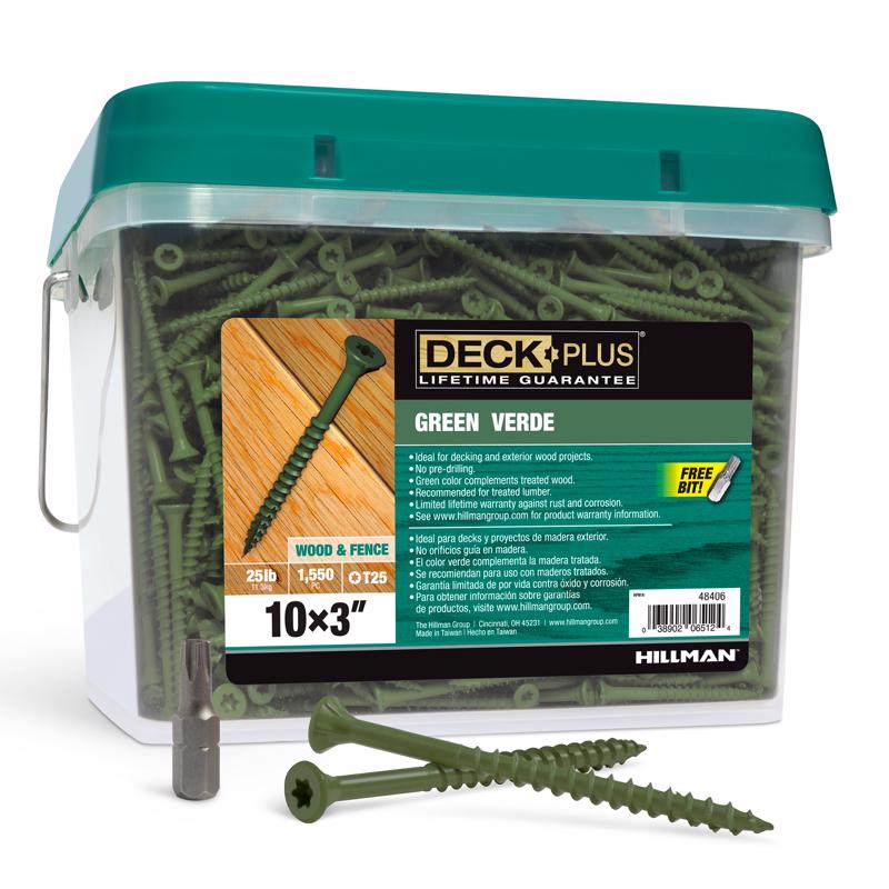 Emery Jensen 10x3-inch green deck screw in bulk 25-pound package, suitable for outdoor woodworking and deck construction.