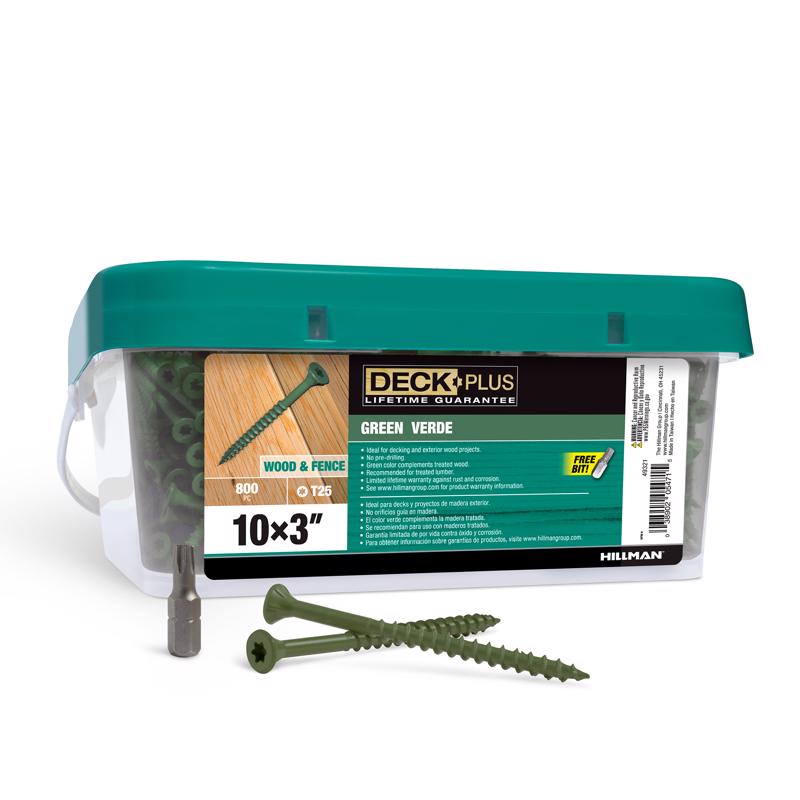 Emery Jensen 10x3 inch green deck screws in bulk 25lb pack, suitable for outdoor decking and woodworking projects.