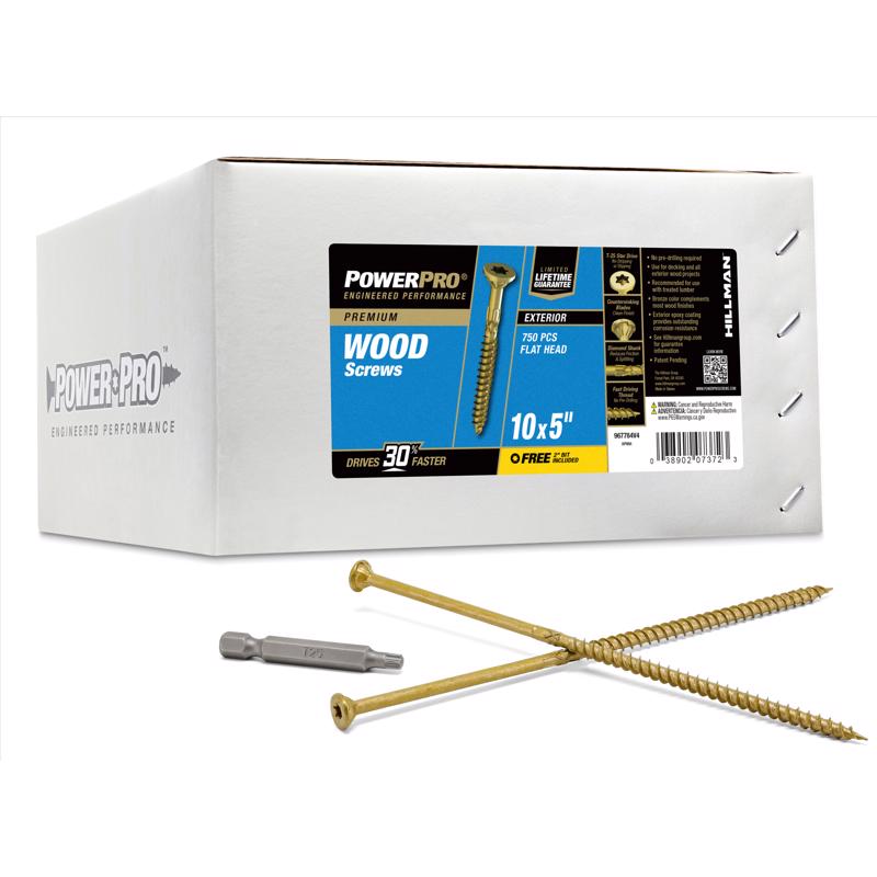 Bulk Emery Jensen #10x5 deck screws in a 25-pound box, showing shiny metal screws with threaded shank and flat heads.
