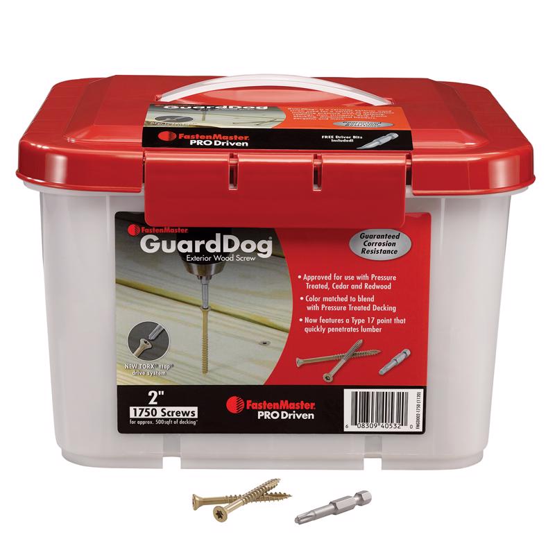 Emery Jensen 2-inch deck screws in a 25lb bulk pack, featuring 1,750 screws for outdoor deck construction.