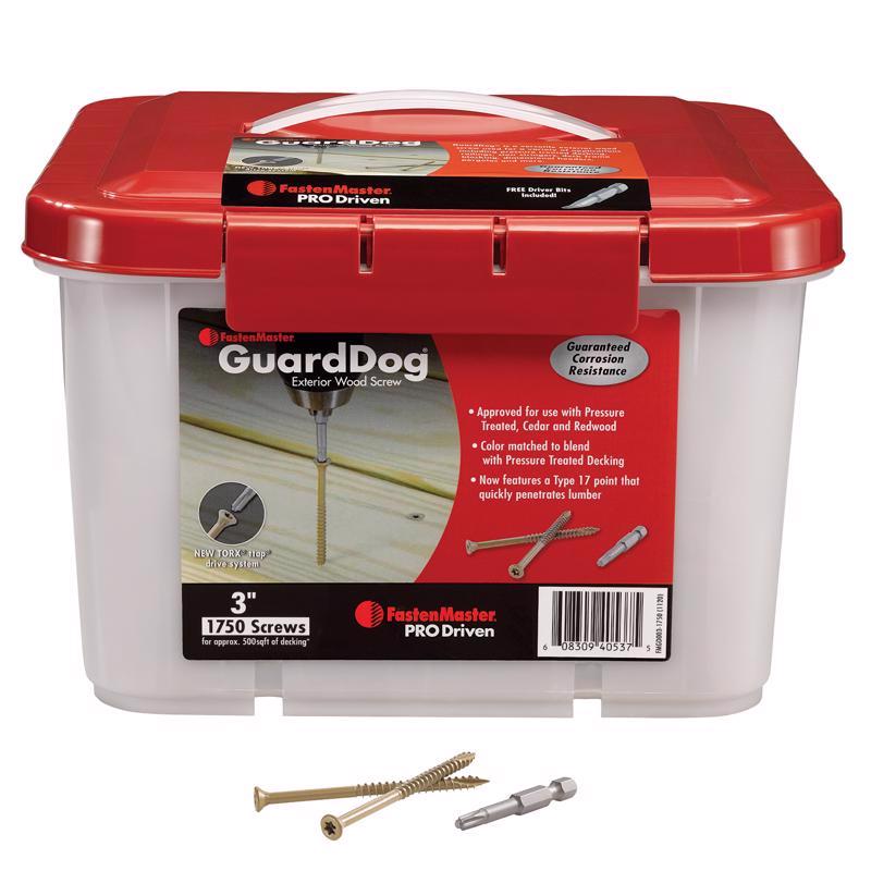 Emery Jensen 3-inch deck screws in a bulk 25-pound package, showing a box of 1750 screws ready for construction projects.