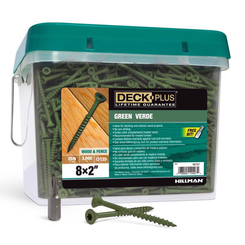 Green 8x2 inch Emery Jensen deck screw in bulk 25-pound pack, showing a close-up of the threaded screw with a flat head