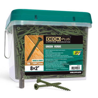 Green 8x2 inch Emery Jensen deck screw in bulk 25-pound pack, showing a close-up of the threaded screw with a flat head
