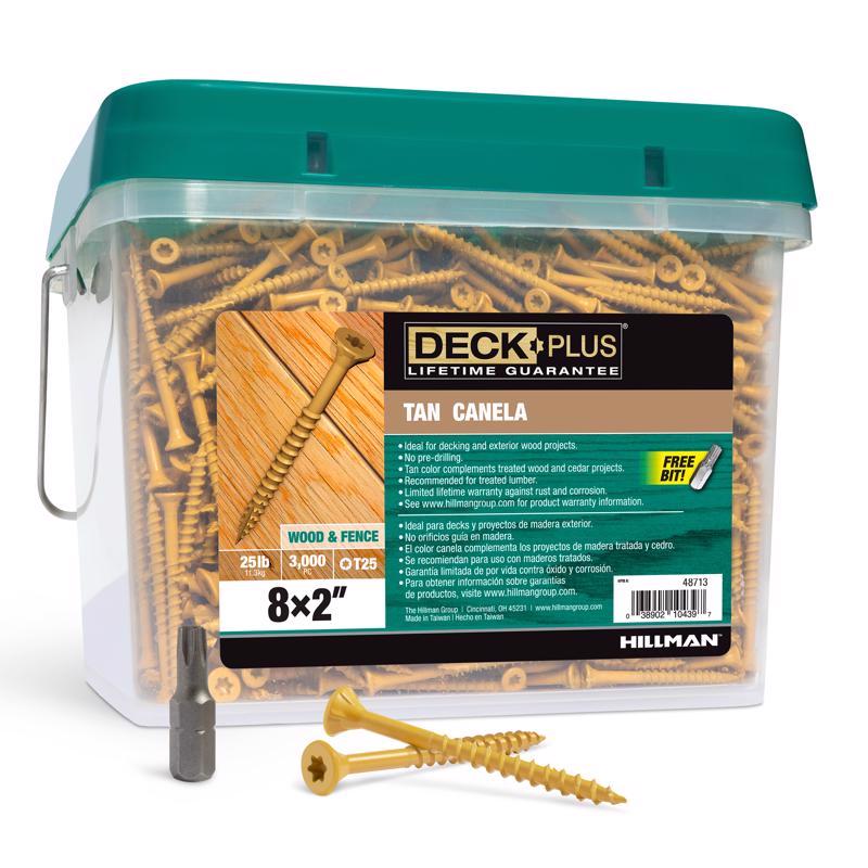 Emery Jensen 8x2 inch tan deck screws in a bulk 25-pound pack, ideal for outdoor decking and woodworking projects.