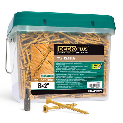 Emery Jensen 8x2 inch tan deck screws in a bulk 25-pound pack, ideal for outdoor decking and woodworking projects.