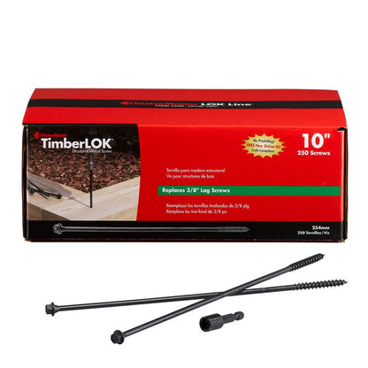 Emery Jensen 25lb bulk pack of 250 Timberlok 10-inch screws, suitable for heavy-duty fastening and construction projects.