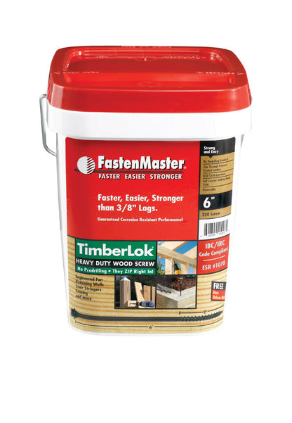 Emery Jensen Timberlok 6-inch screws in a 250-pack bulk 25lb box, suitable for heavy-duty fastening projects.