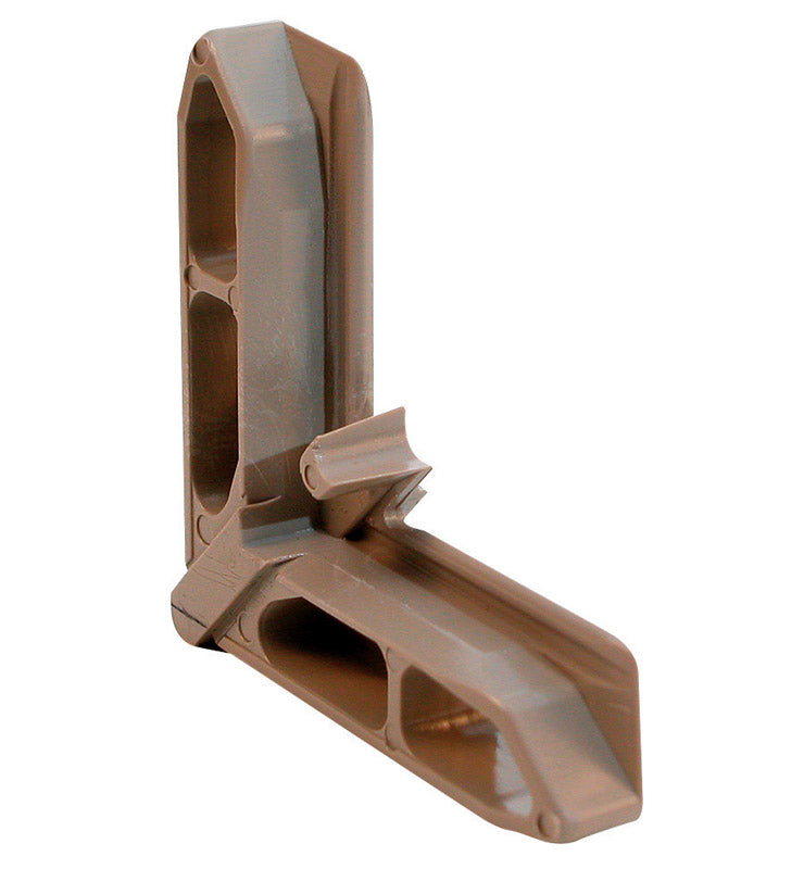 Emery Jensen bulk backroom corner shelf unit in sand color, designed for 3/4-inch screens or panels, shown in a warehouse setting