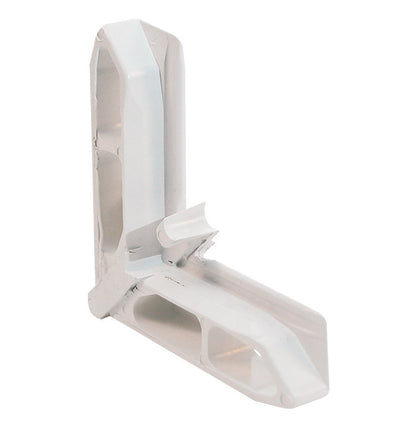 Emery Jensen bulk backroom corner shelf bracket, 3/4 inch white, designed for tub storage, shown in a backroom setting.