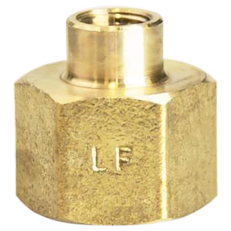 Bulk brass pipe fitting coupling 1/2 inch by 1/8 inch FPT by Emery Jensen, shown in a close-up image.