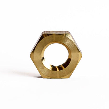 Set of five brass pipe lock nuts 1/4" FPT from Emery Jensen, bulk pipe fittings for plumbing and industrial use.