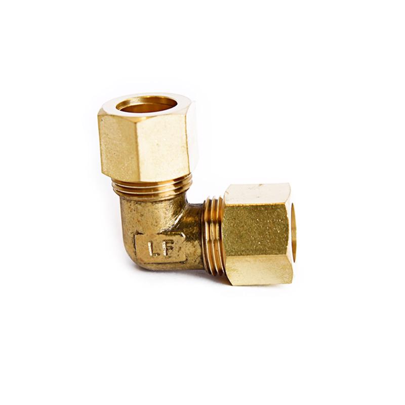 Set of five Emery Jensen 90 DG ELBW compression fittings 1/2 inch for plumbing and pipe connections.