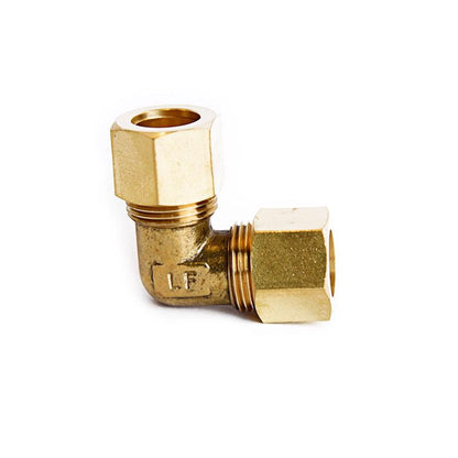 Set of five Emery Jensen 90 DG ELBW compression fittings 1/2 inch for plumbing and pipe connections.