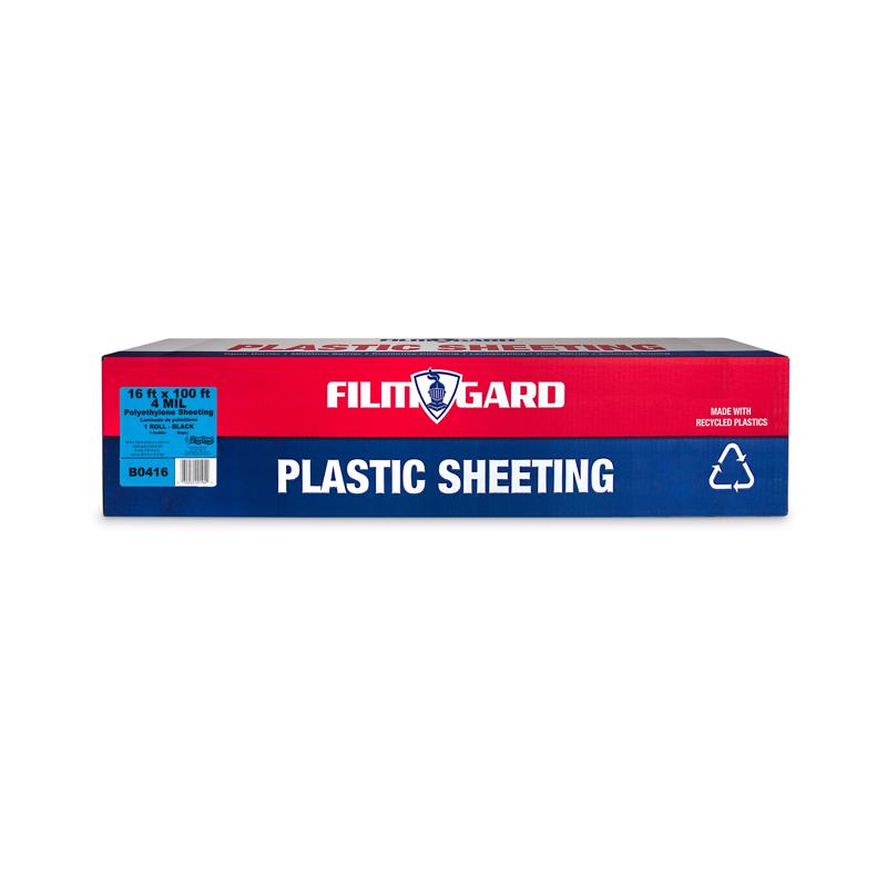 Black 4-mil thick bulk poly film by Emery Jensen, 16x100 feet, suitable for packaging and protective wrapping.