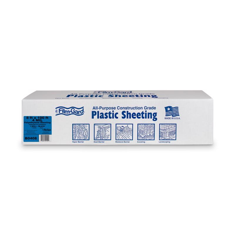 Emery Jensen black 4-mil bulk polyethylene film roll, 8x100 feet, durable plastic wrapping for industrial and packaging use.