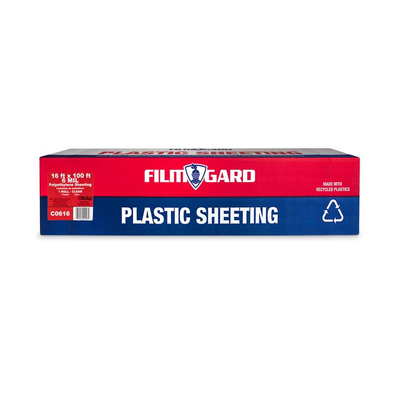 Clear 6 mil thick Emery Jensen bulk poly film roll, 16x100 feet, ideal for packaging and protective wrapping.