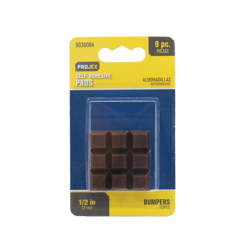 Set of nine Emery Jensen 1/2-inch square bumper rubbers for furniture or cabinetry protection.