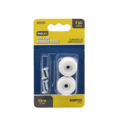 Set of four Emery Jensen screw-on bumpers, 7/8 inch wide, designed to protect surfaces and prevent damage.