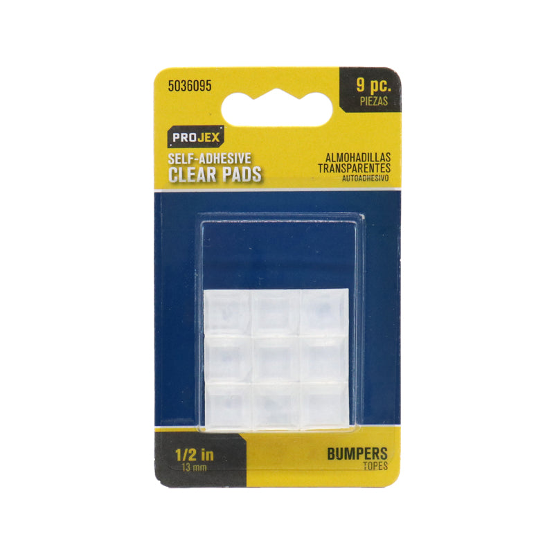 Set of nine Emery Jensen vinyl square bumper pads, 1/2 inch thick, for furniture protection and cushioning.