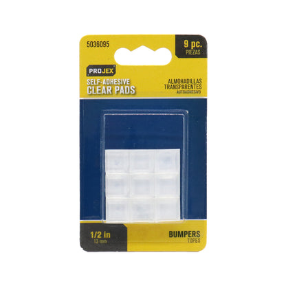 Set of nine Emery Jensen vinyl square bumper pads, 1/2 inch thick, for furniture protection and cushioning.