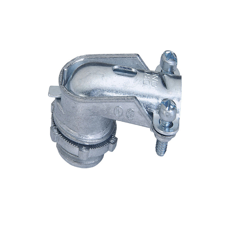 Emery Jensen 1/2-inch 90-degree squeeze connector for armored cable fitting, shown in black with metal clamp details.