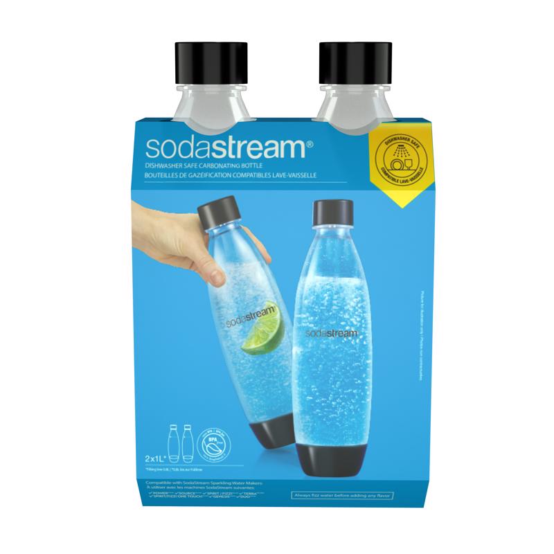 Two Emery Jensen 1L C02 beverage carbonation bottles, clear plastic with black caps, designed for soda carbonation.