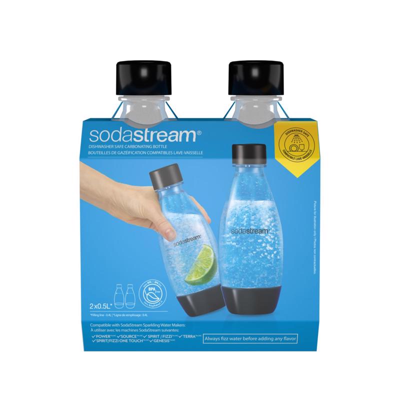 Two 0.5L Emery Jensen Carbonator bottles for C02 beverage accessories, suitable for carbonating drinks at home.